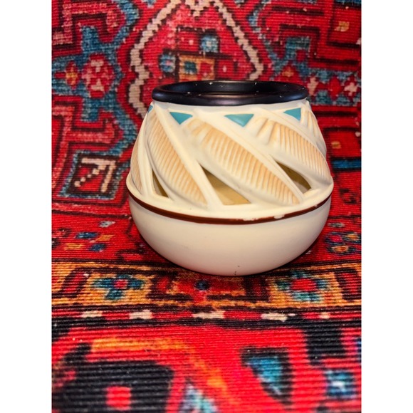 Partylite Southwestern Ceramic Feather Candle Holder Turquoise Cream Vintage - Picture 1 of 2